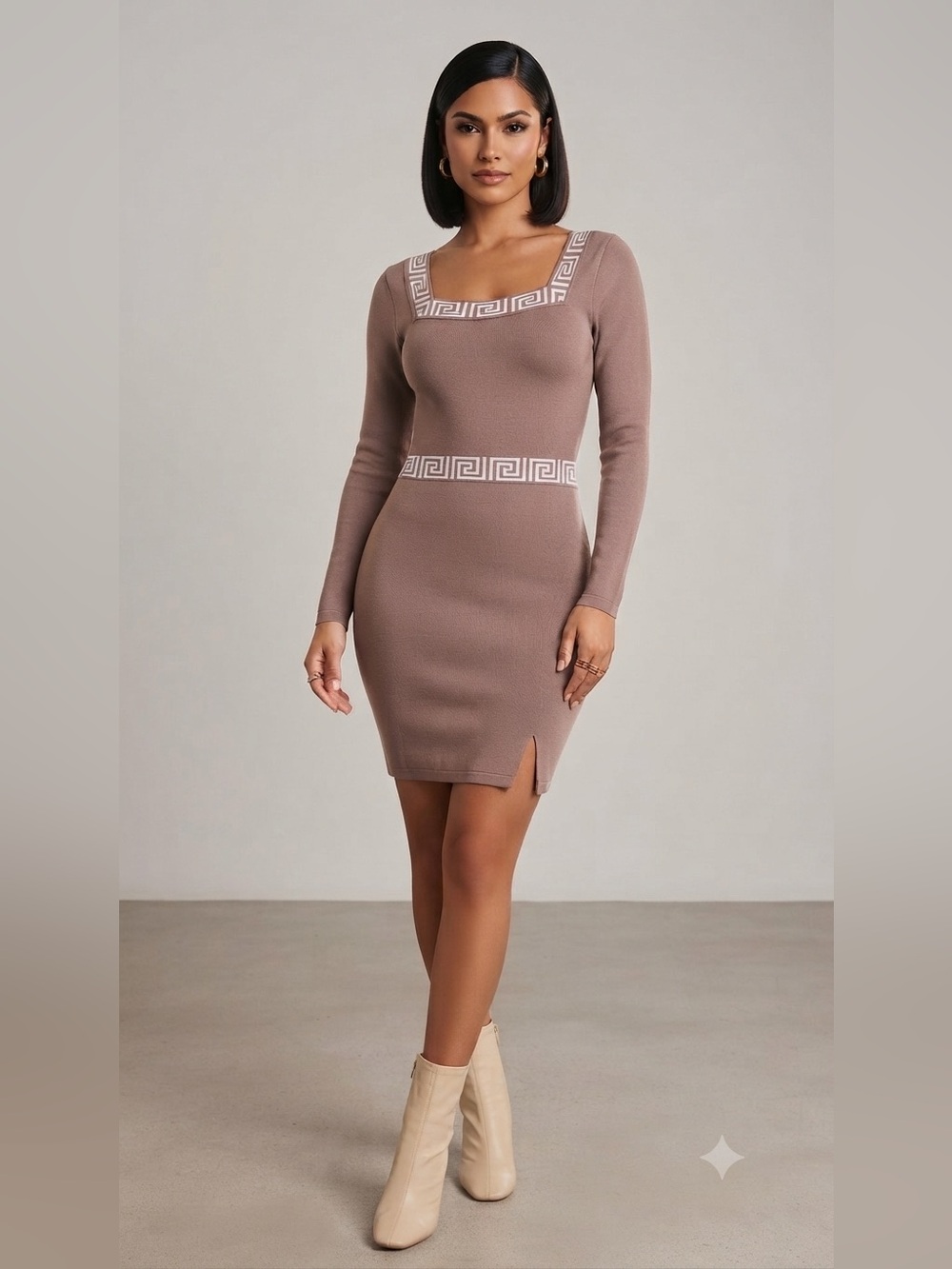 Heart & Moon Brown Greek Key Knit Long Sleeve Bodycon Dress Size Large Y2K Retro